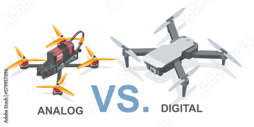 Typy of drone Analog vs Digital FPV Drone Racing freestyle Drone Pro sport flight hobby isometric isolated illustration on white vector