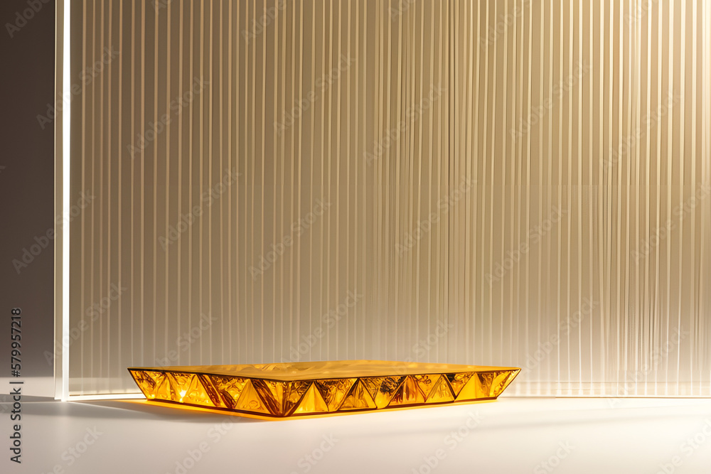 Abstract form amber transparent glass podium with reeded glass ...
