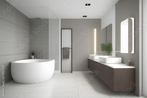 Realistic 3D rendering background  a modern white vanity unit in the bathroom with mirror and round ceramic wash basin on marble countertop. Morning Sunlight  Products display background  Mock up.
