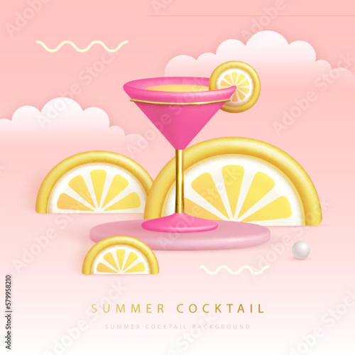 Summer cocktail  party poster with 3D plastic cosmopolitan cocktail and tropic fruits. Vector illustration