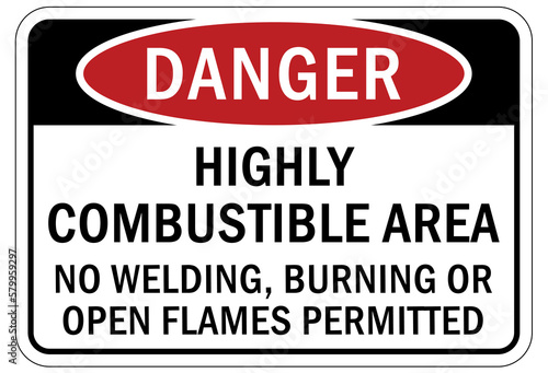 Welding hazard sign and labels highly combustible. No welding, burning or open flames permitted