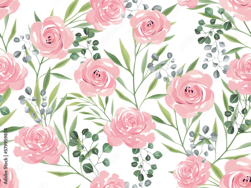Set of floral rose seamless pattern blooming flowers
