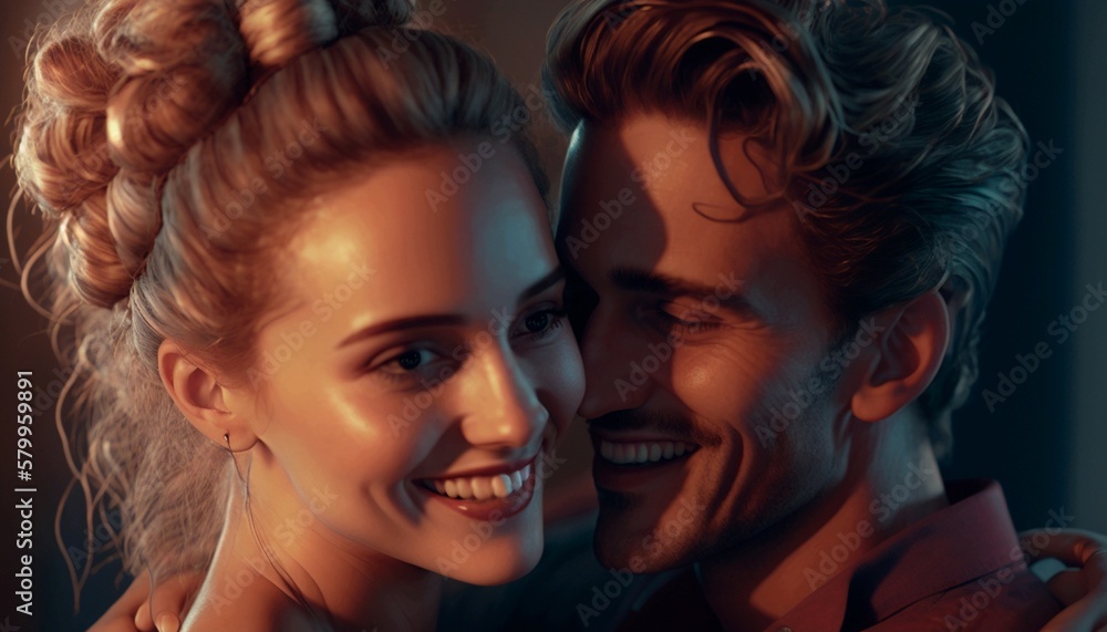 Obraz premium Girl with her hair in a ponytail spends the evening with her boyfriend, romantic photo, kiss, intimacy, romance. Generative AI.