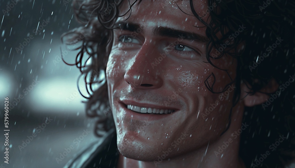 A long-haired, curly-haired guy smiles as he stands in the rain. Generative AI.