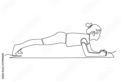 Single one line drawing happy girl doing plank exercise. Fitness activity concept. Continuous line draw design graphic vector illustration.