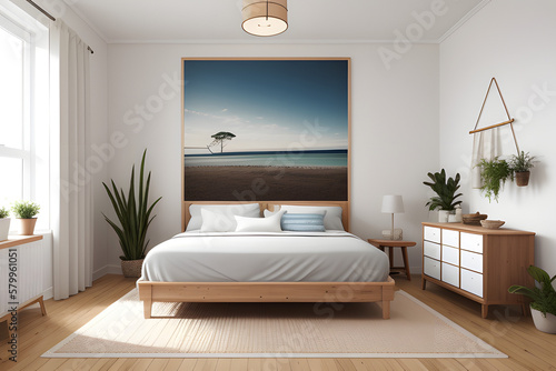 Home mockup  Coastal boho style bedroom interior background  3d render