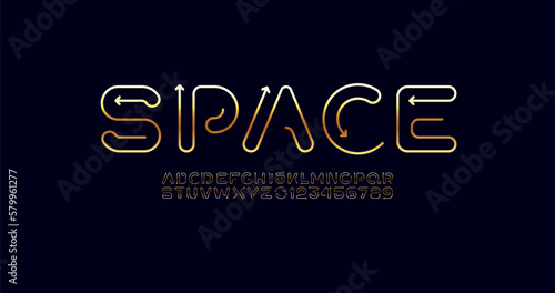 Alphabet in golden style, font from the gold rounded line with arrows, metal letters, and numbers made in linear style, vector illustration 10EPS