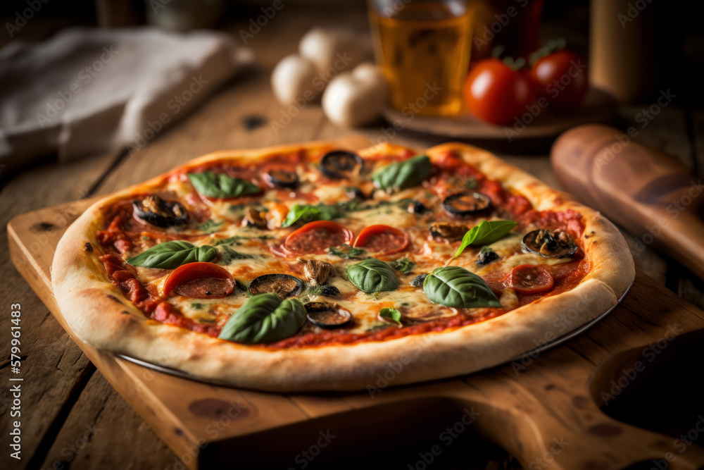 Just baked pizza on a rustic wooden cutting board, with a blurred kitchen background. Generative AI