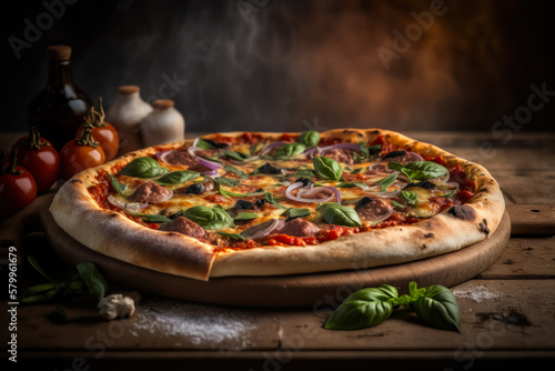 Just baked pizza on a rustic wooden cutting board, with a blurred kitchen background. Generative AI