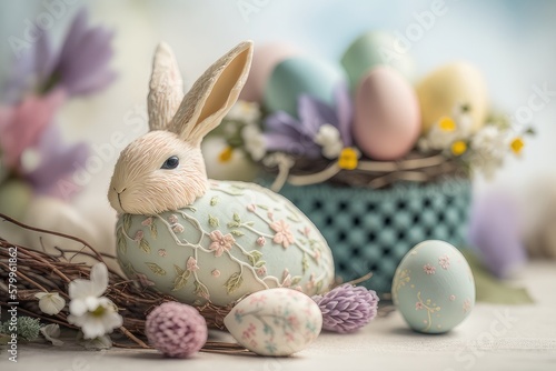 Easter decorations, rabbit figurine close-up, Easter eggs in a basket in the background, pastel colors. Generative Ai