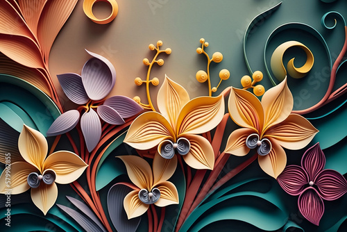 colorful sunflowers, mushrom, sunflower, orchid, wave, rose, lavender flowers, background dynamic textured paper quilling. with Generative AI Techonology. photo