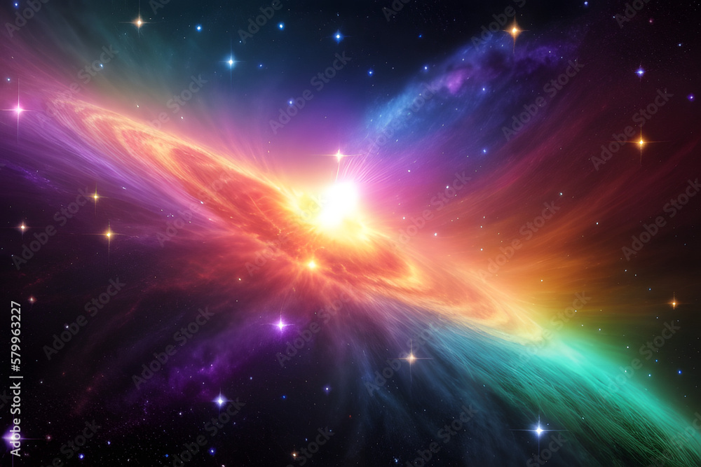 Artistic unique 3d rendering illustration of bright stars in a multicolored nebula space