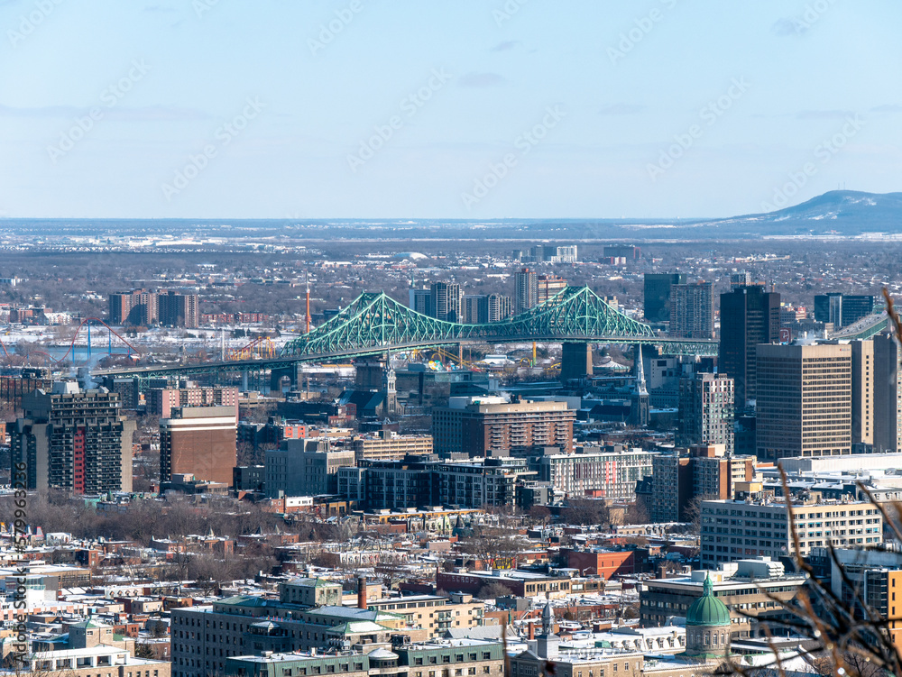 Montreal city scape with the iconic Jacques Cartier Bridge in the background on a winter morning - Close-up