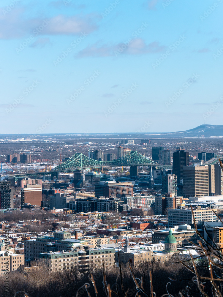 Montreal city scape with the iconic Jacques Cartier Bridge in the background on a winter morning - Portrait shot