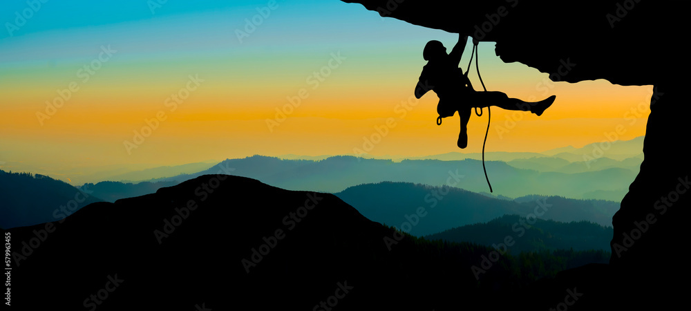 Climb climber adventure panorama  background banner - Black silhouette of climbers on a cliff rock with mountains landscape and sunset sunrise