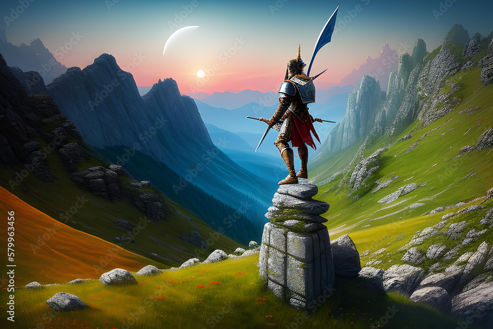 Obraz premium Artistic rendering illustration of a warrior on top of a mountain