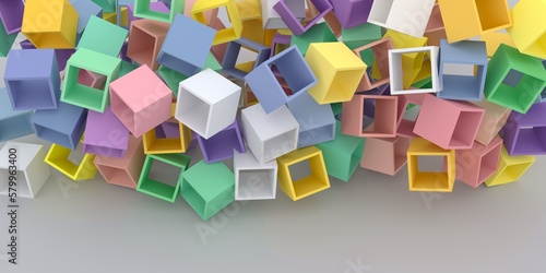 Multicolored bright cubes levitate over each other on a light background