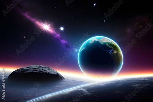 Artistic 3d rendering illustration of asteroids hitting earth