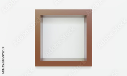 Empty brown cube shelf or niche on white wall 3D mockup. Shop, gallery plastic or wooden showcase to present product. Blank retail storage space. Interior design furniture. Living room bookshelf