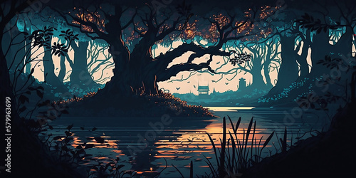 A painting of a river surrounded by trees, fantasy art, storybook illustration, 2d game art, background generated ai