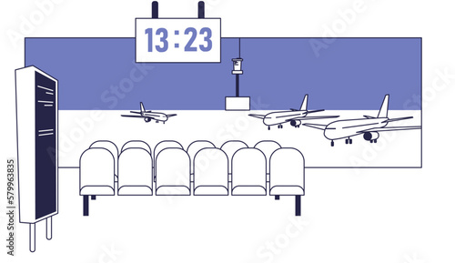 The waiting room at the airport. View from the window on the runway.