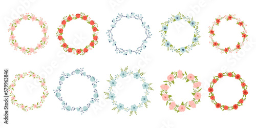 Vector set of floral wreaths in flat design. Collection of text templates with spring plants. Flower round frames copy space. Flower wreaths in pink, red, green and blue colors.