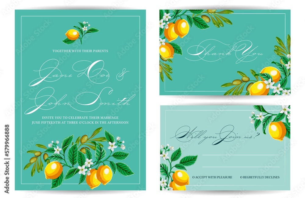 Botanical wedding invitation card set, vintage Save the Date, lemon fruit flowers and olive branches design template, Vector fashion cover, graphic poster, brochure
