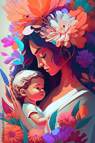 Illustration of mother with her little child, flower in the background. Concept of mothers day, mothers love, relationships between mother and child - Generative AI
