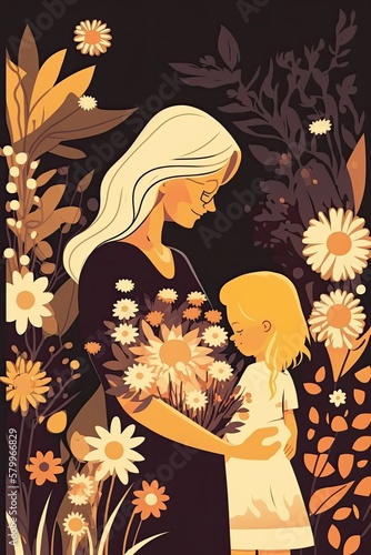 Illustration of mother with her little child  flower in the background. Concept of mothers day  mothers love  relationships between mother and child - Generative AI