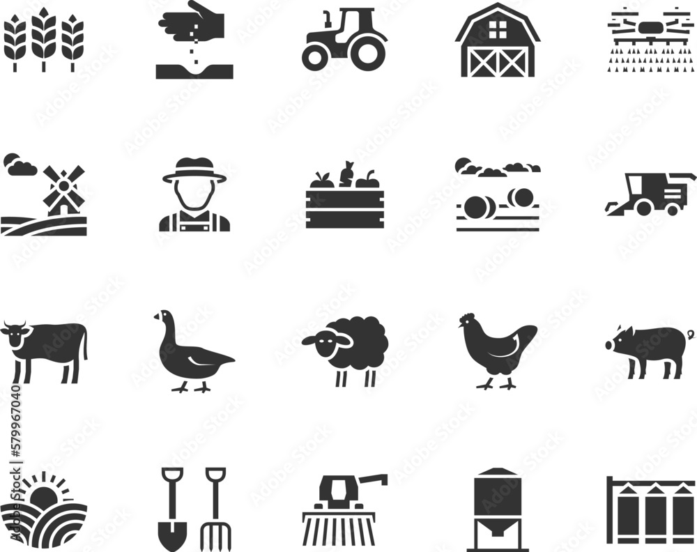 Vector set of agriculture and farming flat icons. Contains icons farm ...