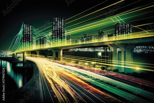 Green smart digital city with high speed light trail. Generative AI