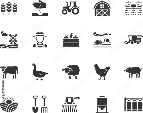 Vector set of agriculture and farming flat icons. Contains icons farm, tractor, livestock, combine harvester, barn, farmer, granary, silo and more. Pixel perfect.
