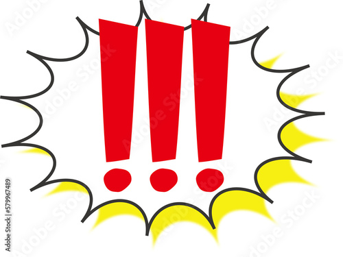 Three exclamation mark symbols in a comic explosion shape dialog box for surprise, shock