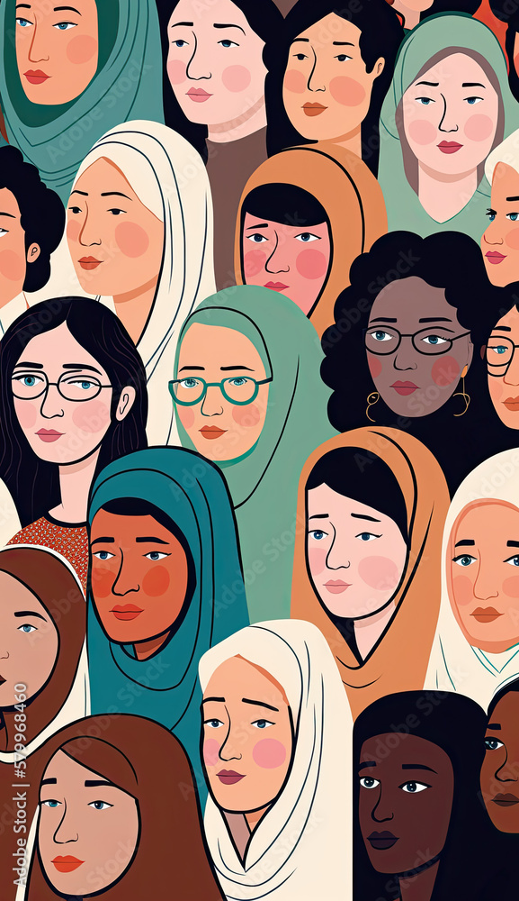 multinational crowd of different women. Women's rights. Generative AI illustration