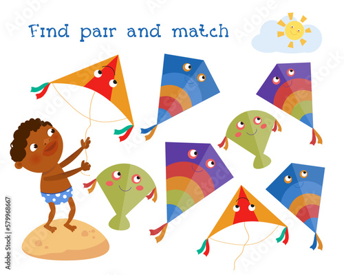 Find pairs. Educational puzzle game for preschoolers. Vector story illustration for worksheets and books. Boy and kites. 