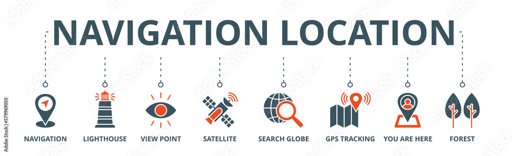 Navigation location banner web icon vector illustration concept with icon of navigation, lighthouse, view point, satellite, search globe, gps tracking, you are here, forest Navigation location banner web icon vector illustration concept with icon of navigation, lighthouse, view point, satellite, search globe, gps tracking, you are here, forest