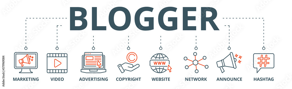 Blogger banner web icon vector illustration concept with icon of marketing, video, advertising, copyright, website, network, announce, hashtag Blogger banner web icon vector illustration concept with icon of marketing, video, advertising, copyright, website, network, announce, hashtag