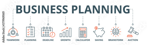 Business planning banner web icon vector illustration concept with icon of teamwork, planning, deadline, growth, calculator, saving, brainstrom, auction