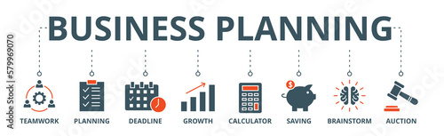 Business planning banner web icon vector illustration concept with icon of teamwork, planning, deadline, growth, calculator, saving, brainstrom, auction