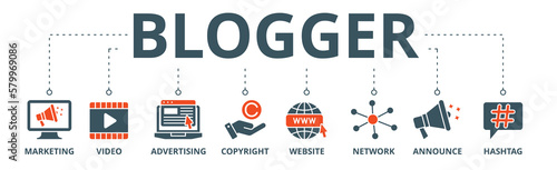 Blogger banner web icon vector illustration concept with icon of marketing, video, advertising, copyright, website, network, announce, hashtag