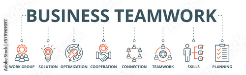 Business teamwork banner web icon vector illustration concept with icon of work group, solution, optimization, cooperation, connection, teamwork, skills, planning