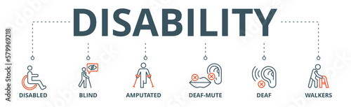 Disability banner web icon vector illustration concept with icon of disabled, blind, amputated, deaf-mute, deaf, walkers