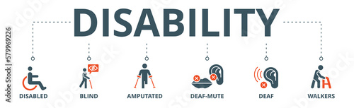 Disability banner web icon vector illustration concept with icon of disabled, blind, amputated, deaf-mute, deaf, walkers