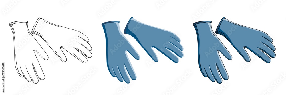 vector set of medical gloves isolated on white background. contour vector illustration and color image of gloves to protect hands from external factors vector set of medical gloves isolated on white background. contour vector illustration and color image of gloves to protect hands from external factors