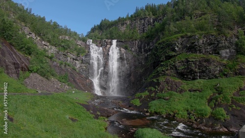 Waterfall in mountains. Outdoor nature in Norway
