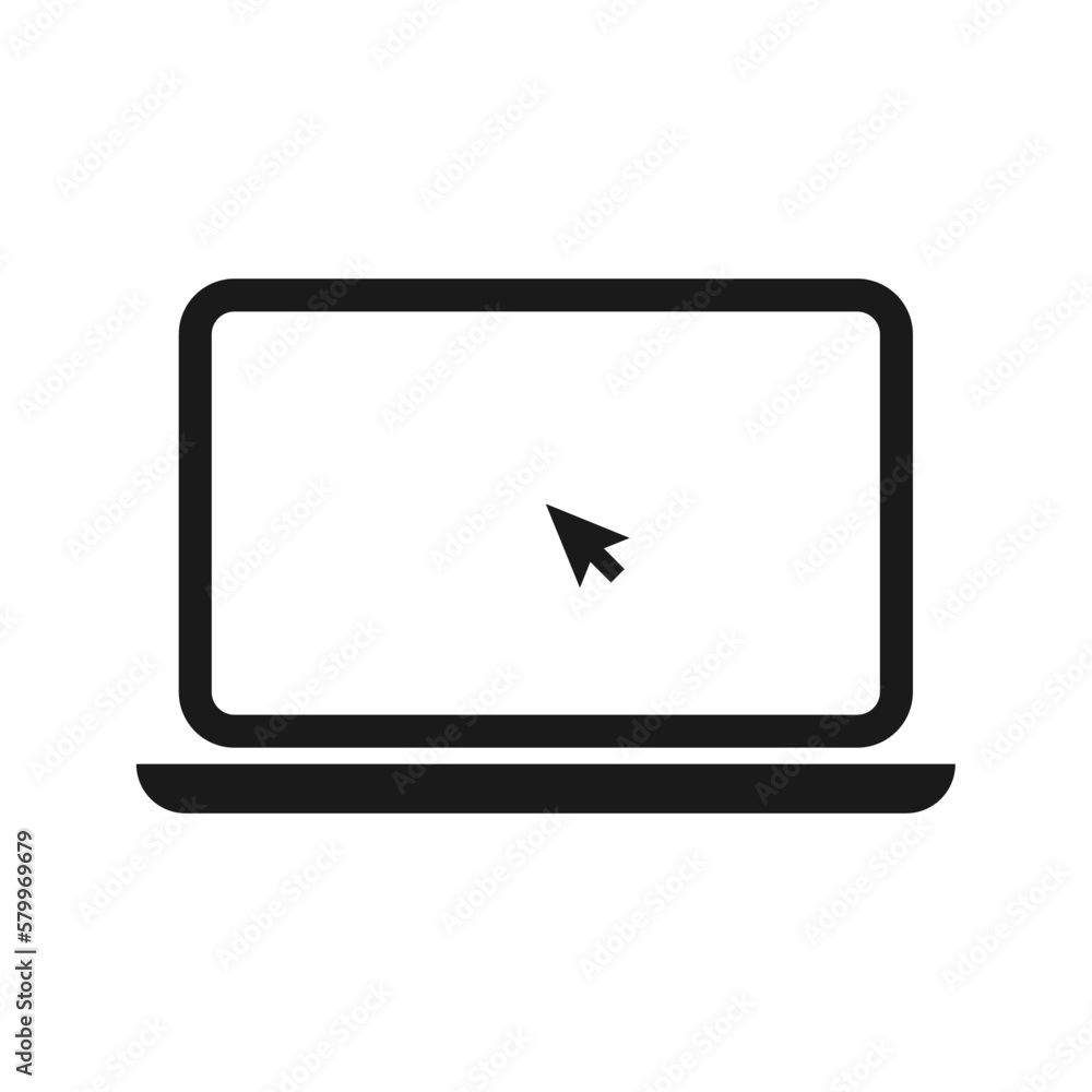 Laptop with pointer or cursor icon isolated. Notebook screen template. Display with clicking mouse on white background.
Laptop with pointer or cursor icon isolated. Notebook screen template. Display with clicking mouse on white background.