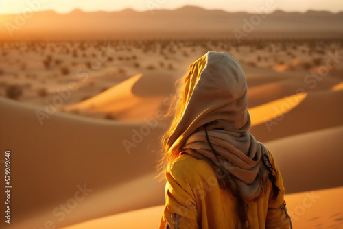 View from back of a young woman standing in front of dessert at sunset in a travel lifestyle. Generative AI.