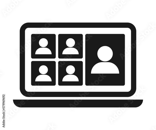 Video conference icon. Peoples on laptop screen. online meeting. Digital communication. Teaching media. color editable