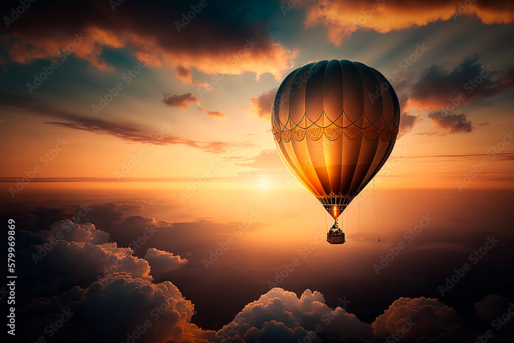 generative ai illustration of hot air balloon in the sunset evening sky and pure cloud