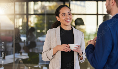 Canvas Print Coffee, happy and business people talking in office building, relax and happy while chatting